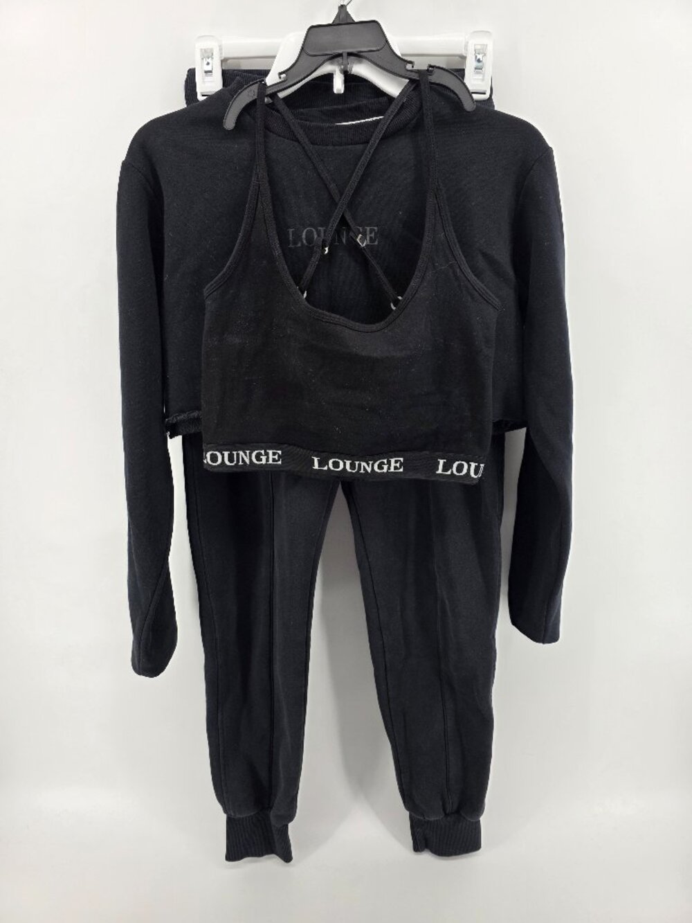 Lounge Black Loungewear Set‎ – Crop Sweatshirt, Bralette & Joggers – Size M